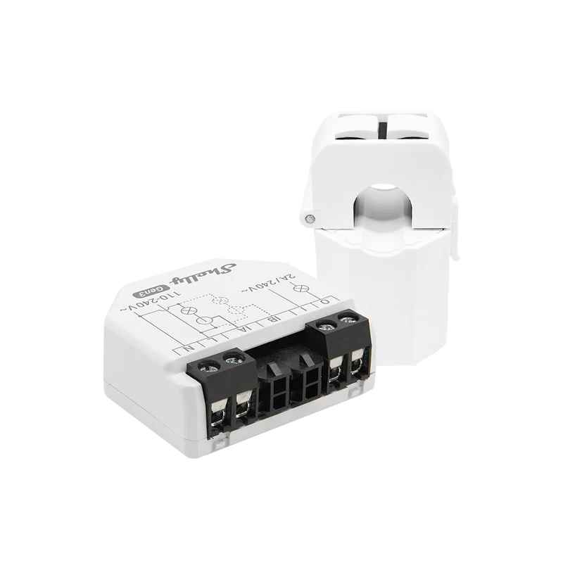 Shelly EM Gen3 smart energy monitor showing the compact white device with DIN rail mount