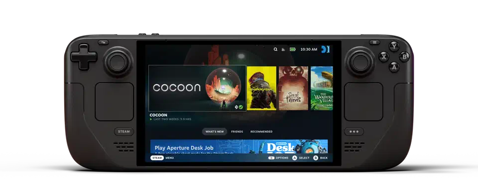 Steam Deck OLED front view showing the 7.4-inch HDR display and ergonomic controls