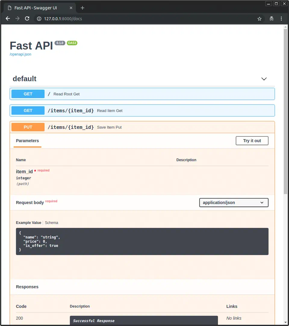 FastAPI Swagger UI showing auto-generated API documentation with request body schema and endpoint details