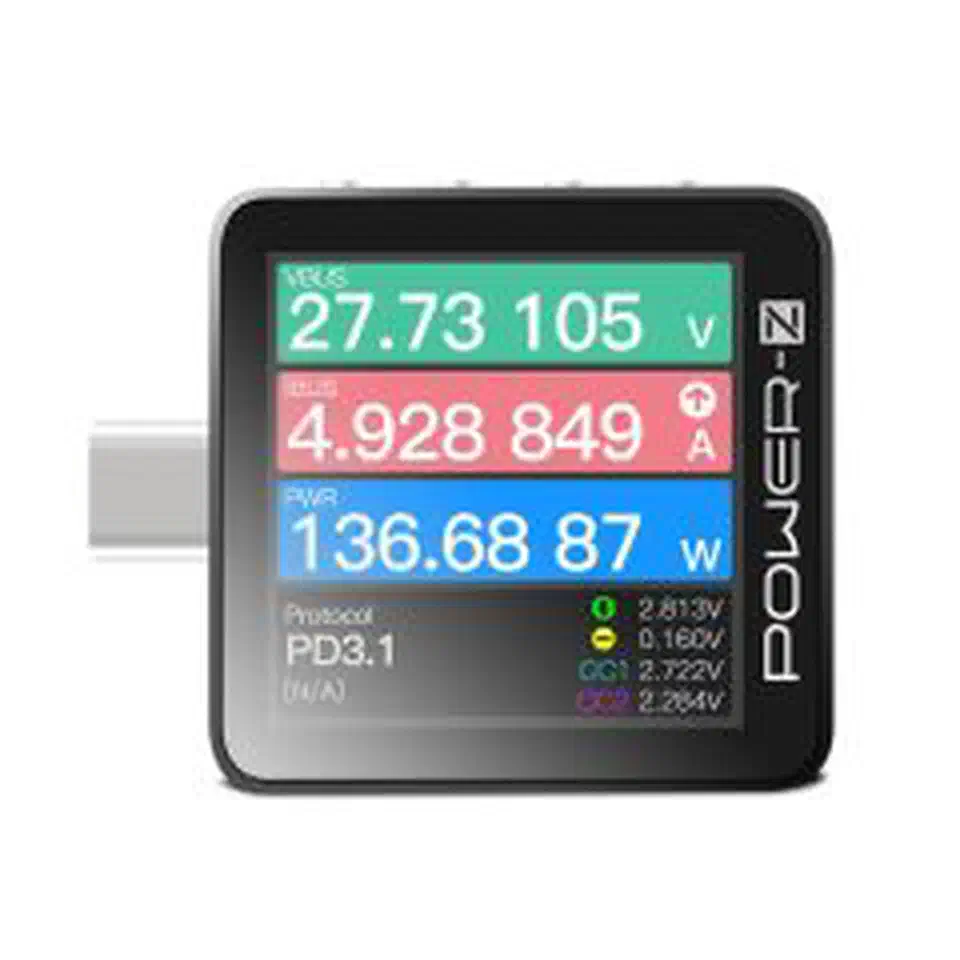 ChargerLAB Power-Z KM003C USB-C inline power meter showing OLED display with voltage and current readings