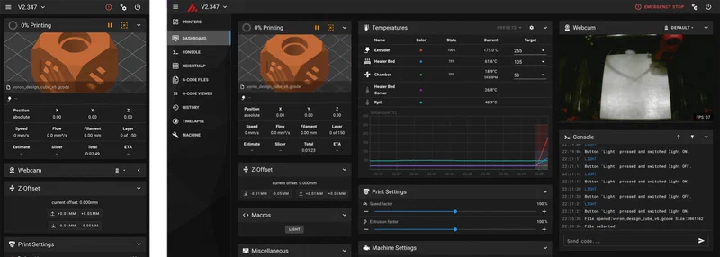 Mainsail web dashboard showing printer status, temperature graphs, toolhead controls, and G-code console