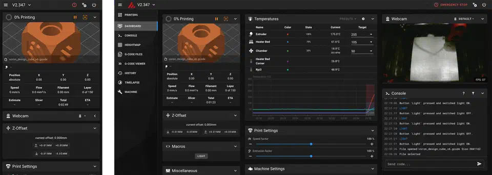 Mainsail web dashboard showing printer status, temperature graphs, toolhead controls, and G-code console