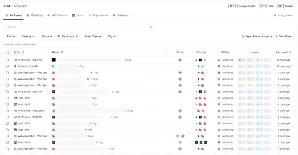 Escape.tech asset inventory showing hosts, web apps, API endpoints, and authentication mechanisms discovered across scanned vibe-coded applications