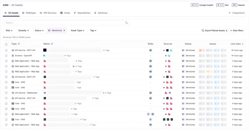 Escape.tech asset inventory showing hosts, web apps, API endpoints, and authentication mechanisms discovered across scanned vibe-coded applications