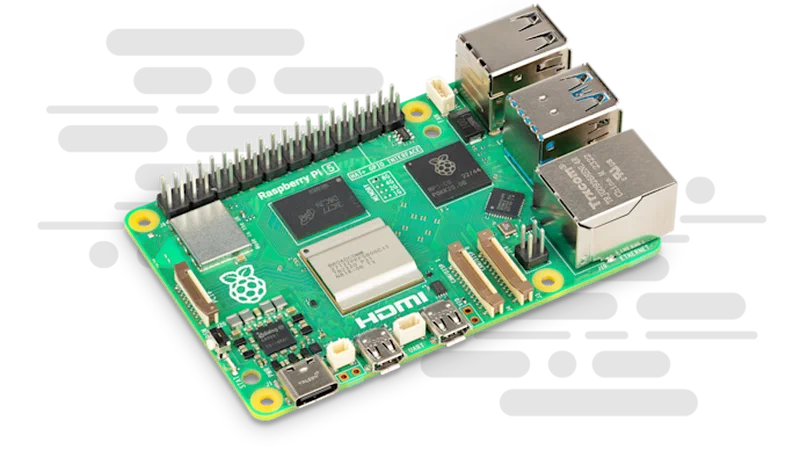 Raspberry Pi 5 single-board computer showing the compact board layout with USB, Ethernet, and GPIO headers