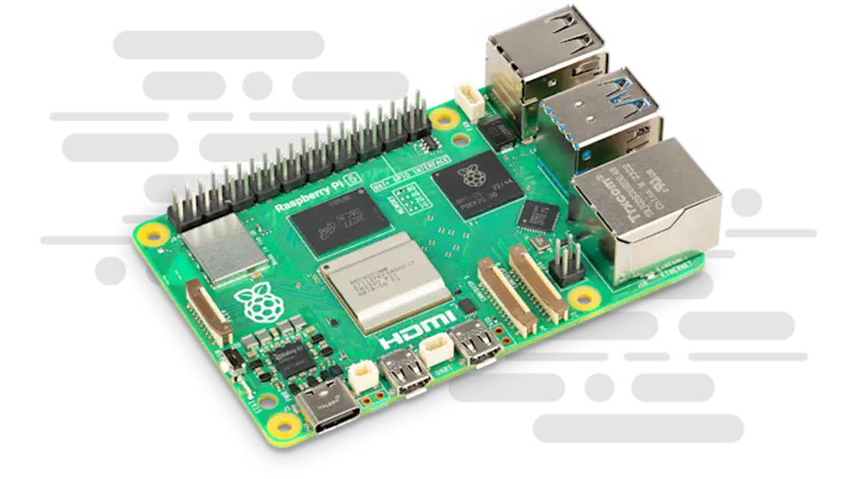 Raspberry Pi 5 single-board computer showing the compact board layout with USB, Ethernet, and GPIO headers
