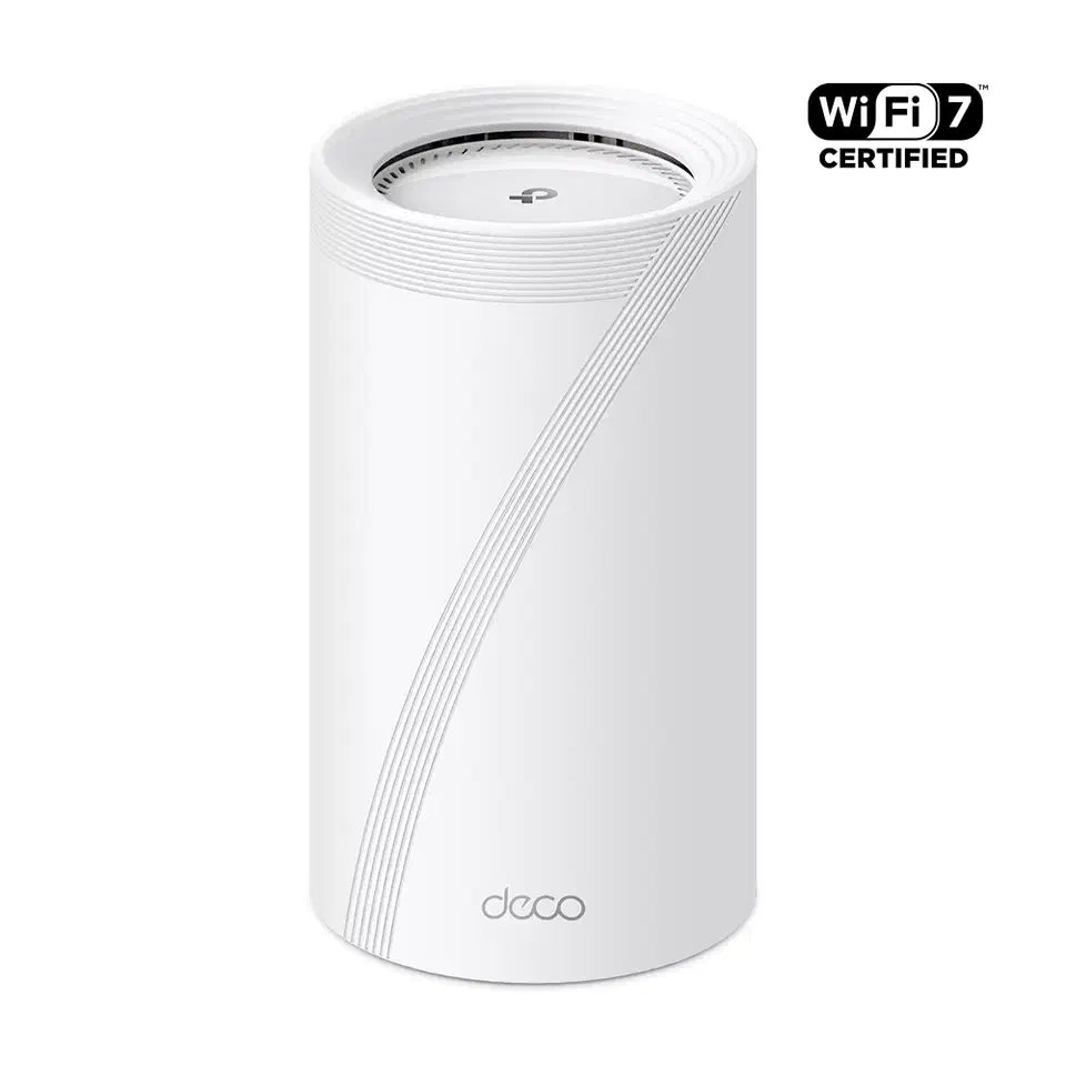 TP-Link Deco BE85 WiFi 7 mesh unit with cylindrical design and WiFi 7 Certified badge