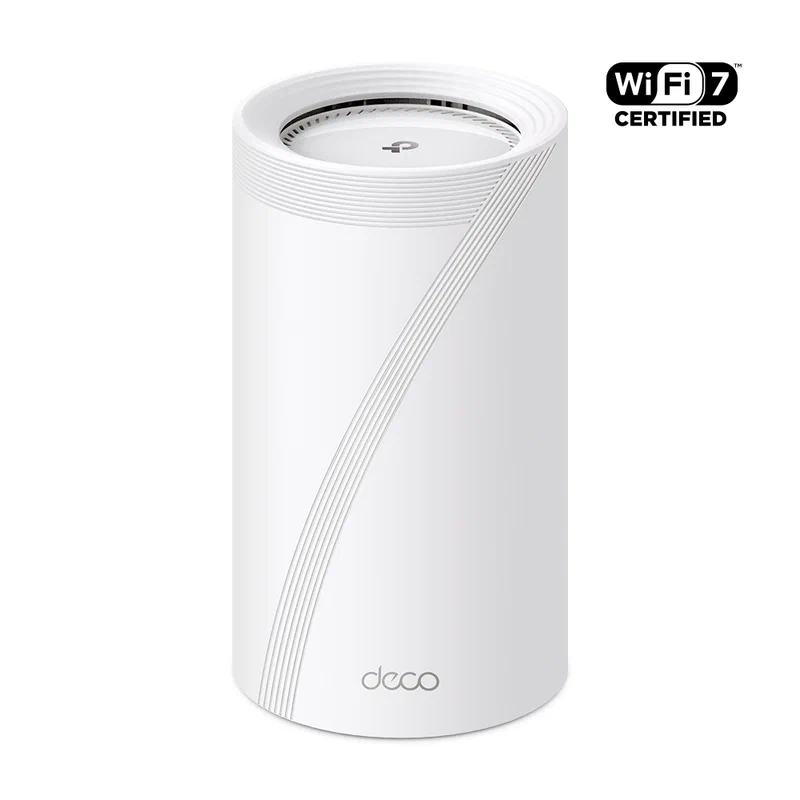 TP-Link Deco BE85 WiFi 7 mesh unit with cylindrical design and WiFi 7 Certified badge