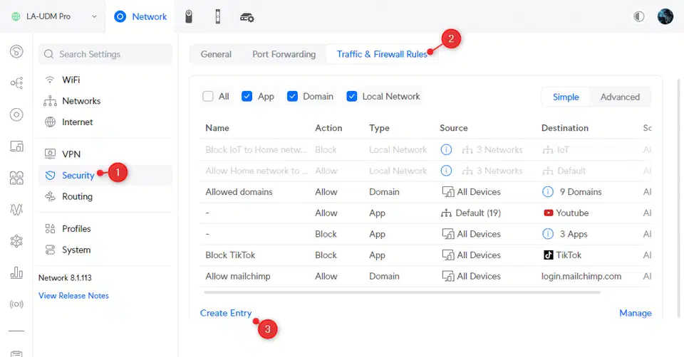 UniFi Network controller showing Traffic and Firewall Rules with IoT and home network segmentation rules