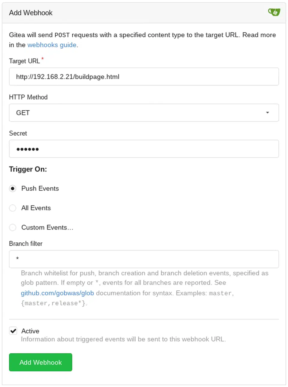 Gitea webhook settings form with Target URL, HTTP Method, Secret, and trigger event options