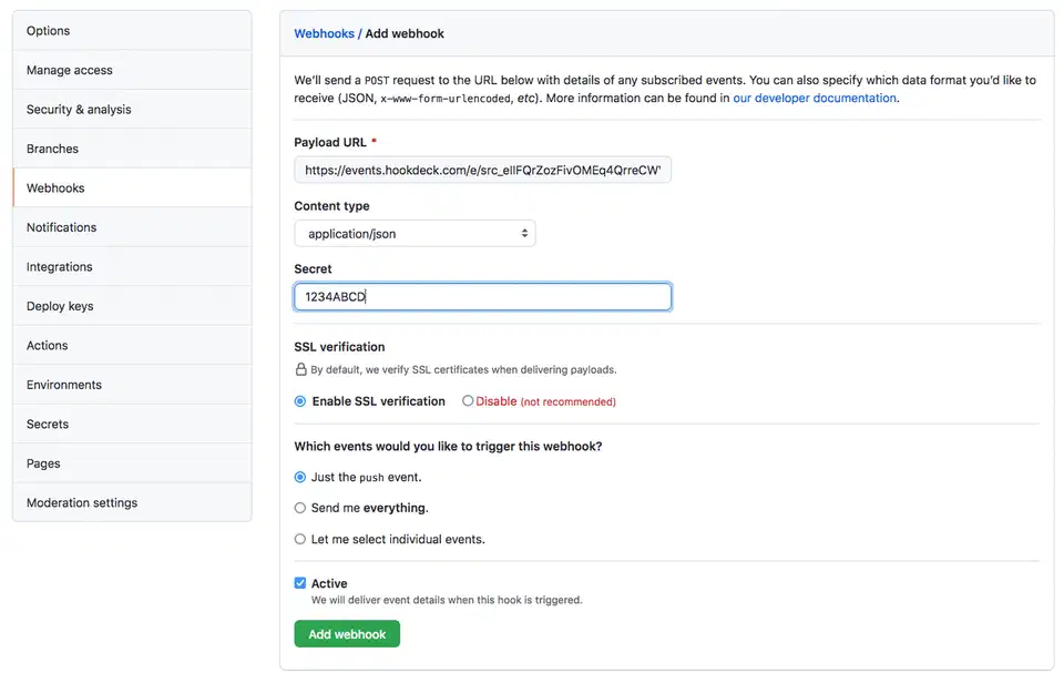 GitHub add webhook form showing Payload URL, Content type, and Secret fields