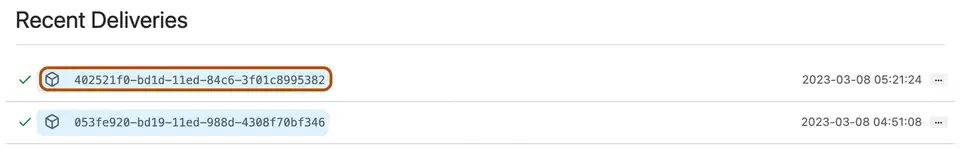 GitHub webhook recent deliveries list showing delivery GUIDs with status indicators
