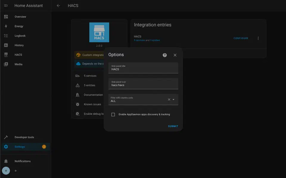 HACS options flow dialog in dark mode showing integration configuration settings