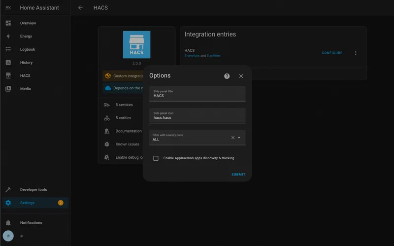 HACS options flow dialog in dark mode showing integration configuration settings