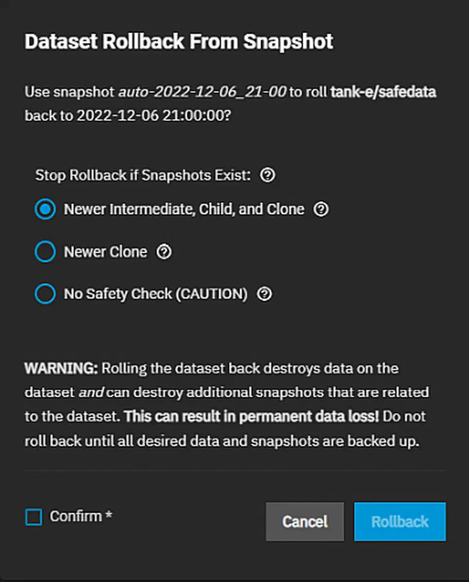 TrueNAS Dataset Rollback From Snapshot dialog with safety level options and confirmation warning