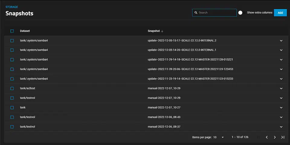 TrueNAS Snapshots screen showing a list of dataset snapshots with names, timestamps, and sizes