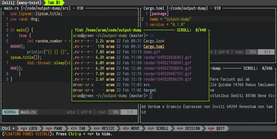 Zellij terminal workspace showing floating panes arranged over a main terminal session