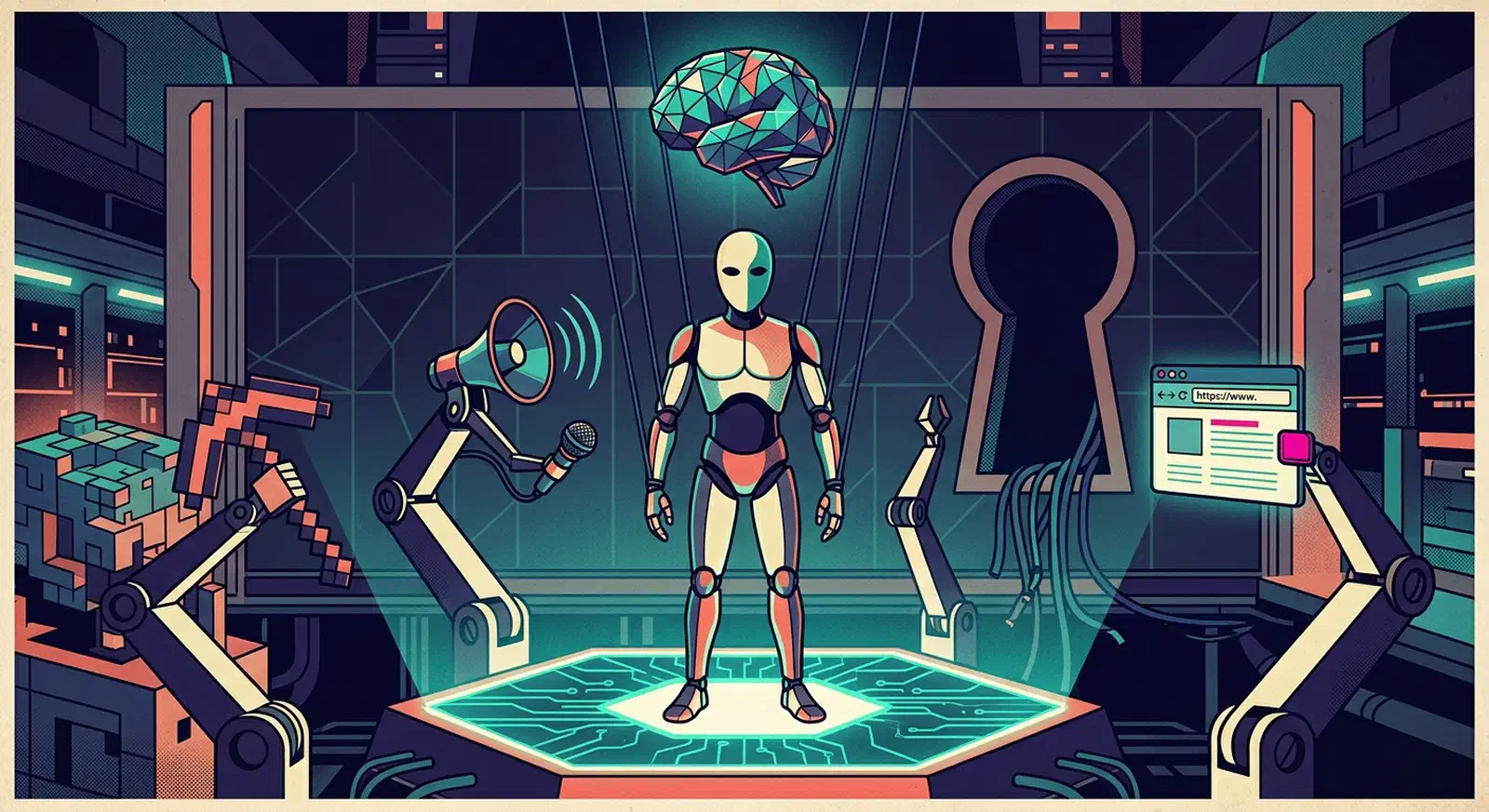 Marionette-like humanoid figure on a glowing platform, mechanical arms holding a pickaxe, speaker cone, and browser window, with an empty socket behind it