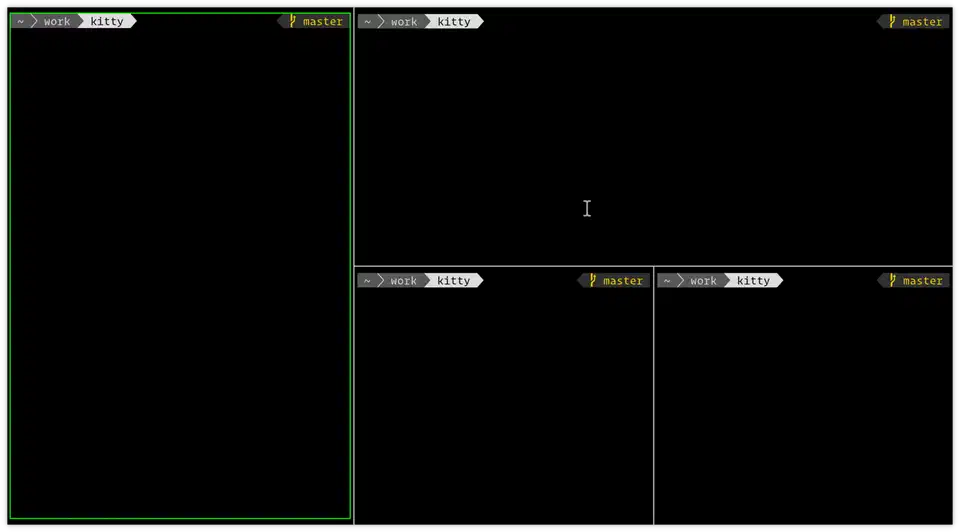 Kitty terminal showing the Splits layout with multiple panes arranged in a custom tiling configuration