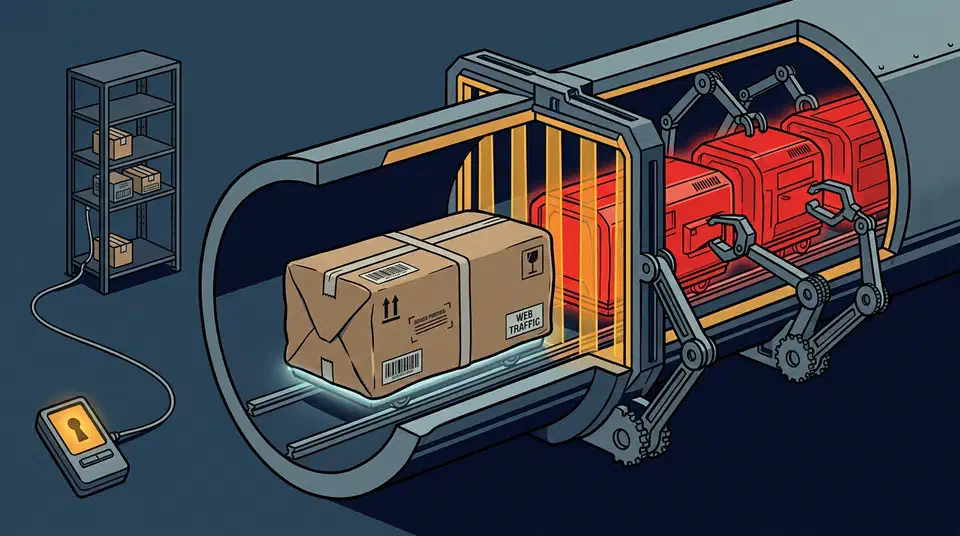 Cutaway data pipeline where a disguised VPN tunnel slips past a scanning checkpoint while unmasked connections are pulled aside