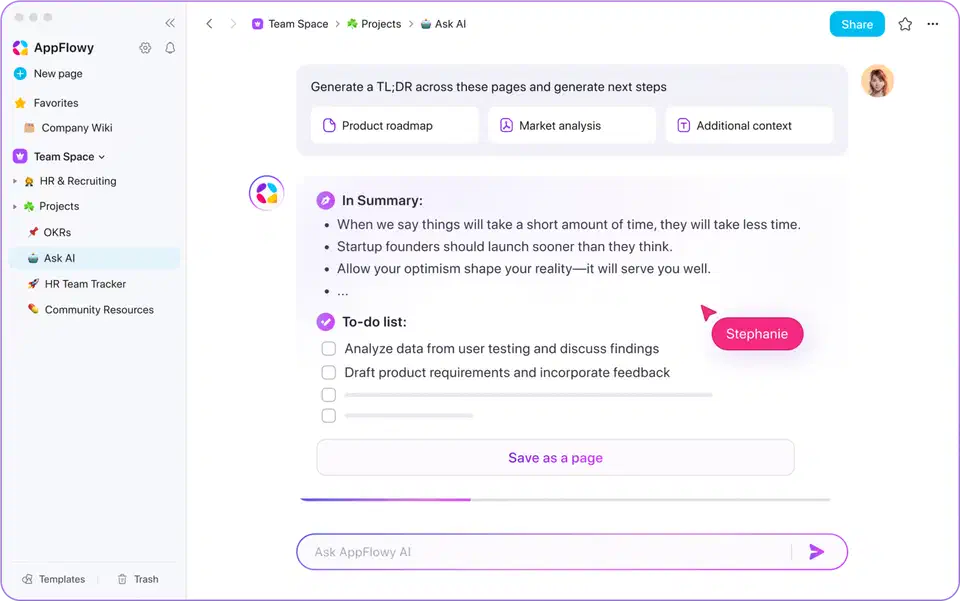 AppFlowy AI panel answering inside a document