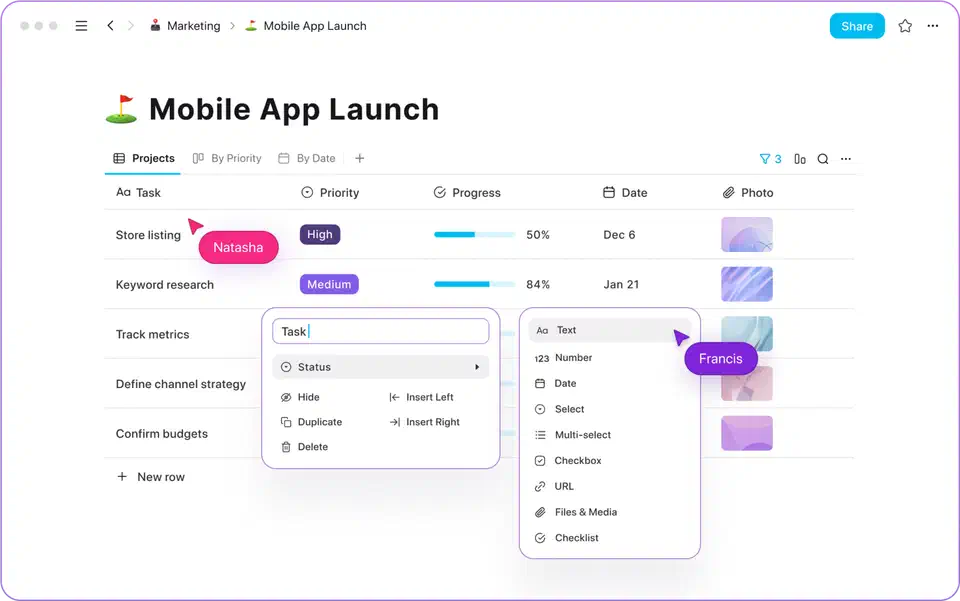AppFlowy database grid view for tasks and projects