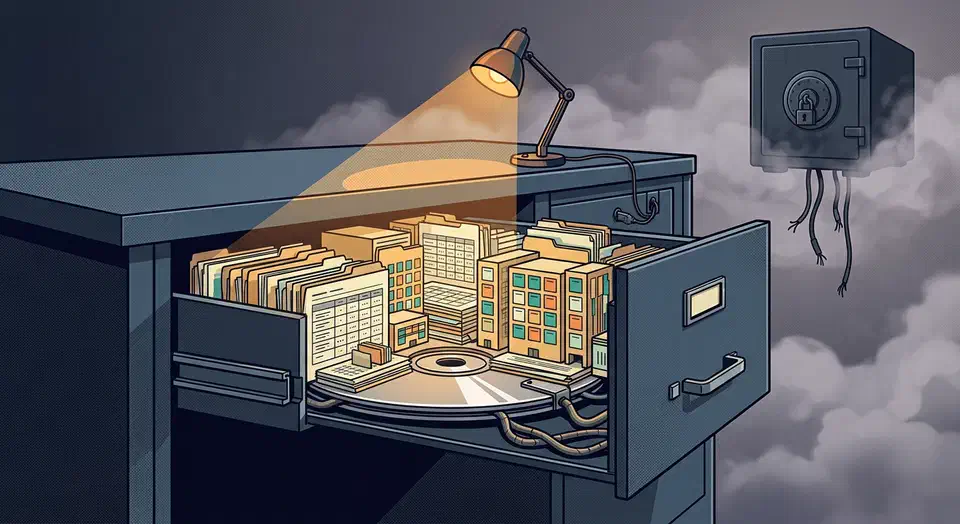 Open source Notion alternative AppFlowy keeps documents, boards, and databases on your own disk or a server you run, plus AI you point anywhere. Open desk drawer holding a glowing city of documents, kanban cards and tables built on a disk platter, with a locked cloud vault cut off in the distance