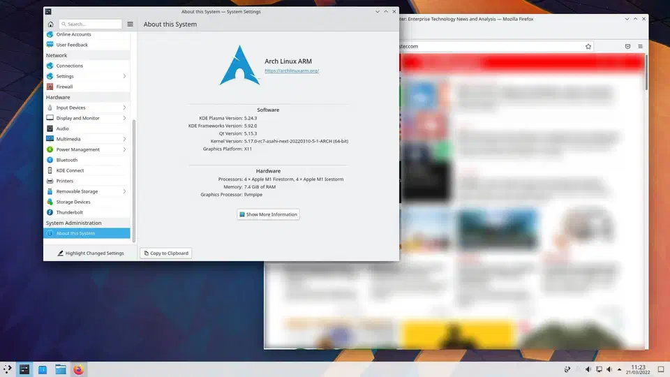 Asahi Linux running KDE Plasma desktop on Apple Silicon hardware