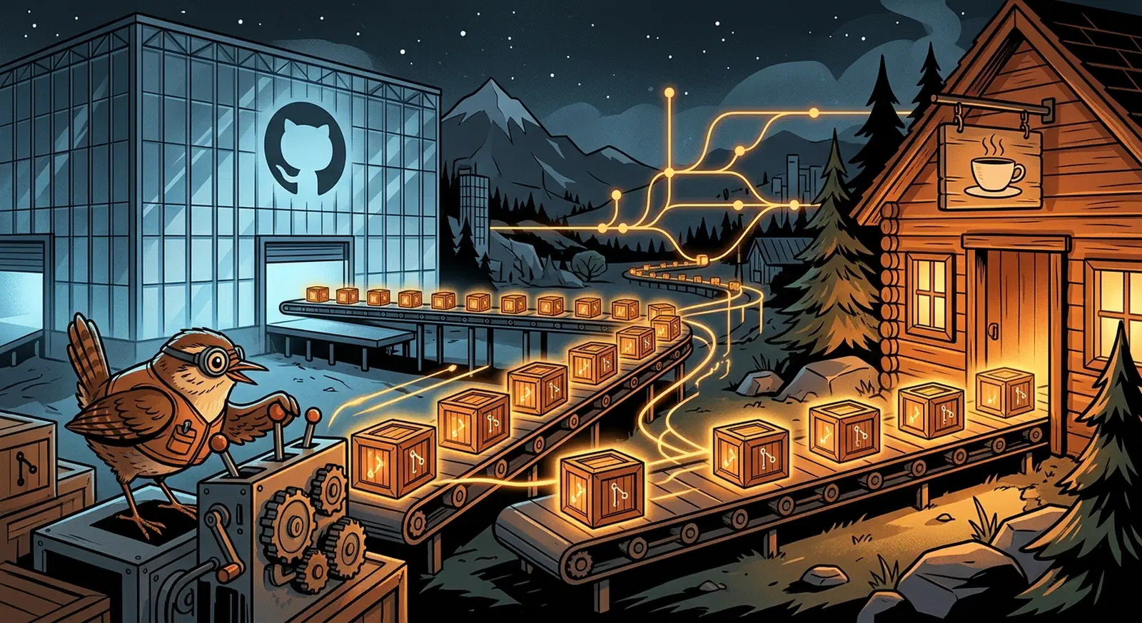 A small bird runs a conveyor belt carrying glowing Git-branch crates from a GitHub warehouse to a teacup-signed cabin