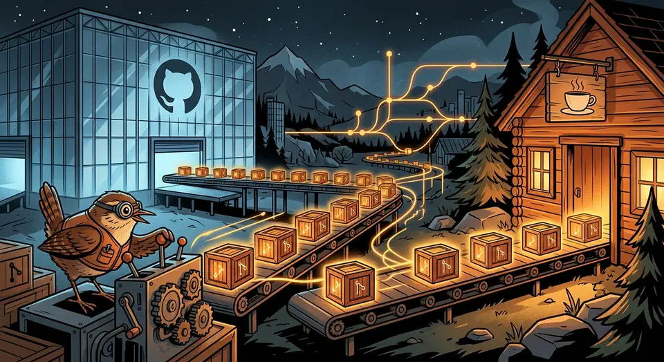 A small bird runs a conveyor belt carrying glowing Git-branch crates from a GitHub warehouse to a teacup-signed cabin