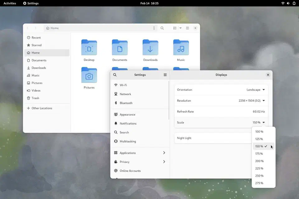 GNOME display settings panel showing fractional scaling set to 150 percent