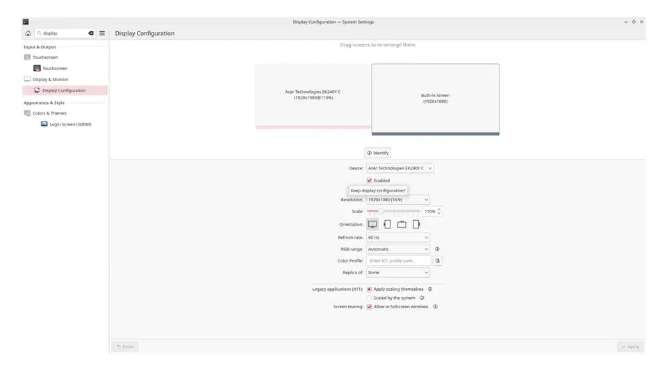 KDE Plasma Wayland display settings showing individual per-monitor scaling