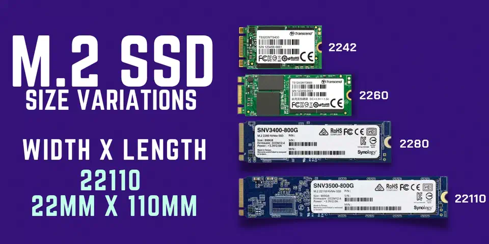 Various M.2 SSD form factors showing size differences between 2230, 2242, and 2280