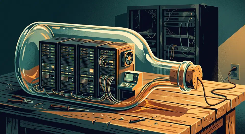 Miniature server room sealed inside a glass bottle on a workbench, with an abandoned full-size server rack behind it