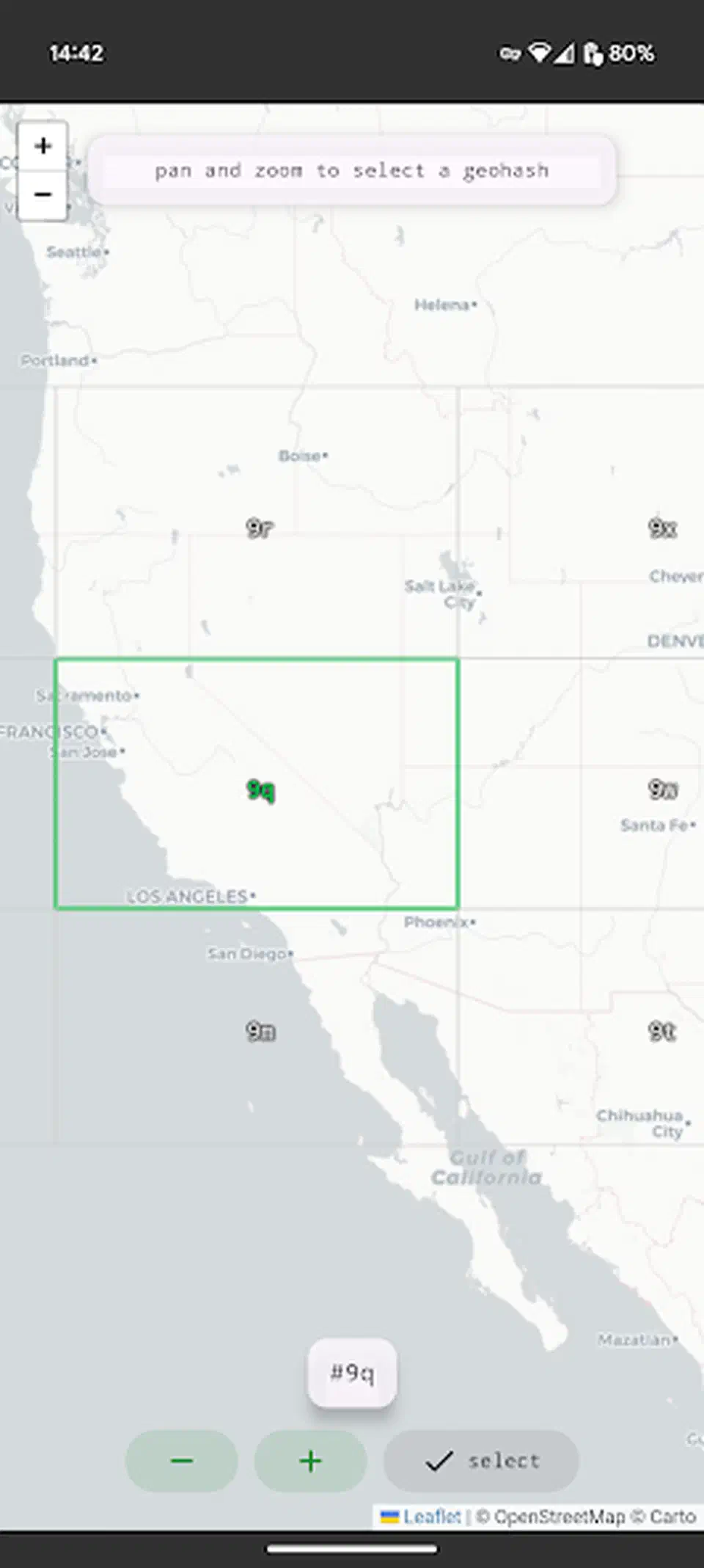 bitchat geohash picker showing a map of the western United States with a green selection box over California and the geohash prefix 9q below it