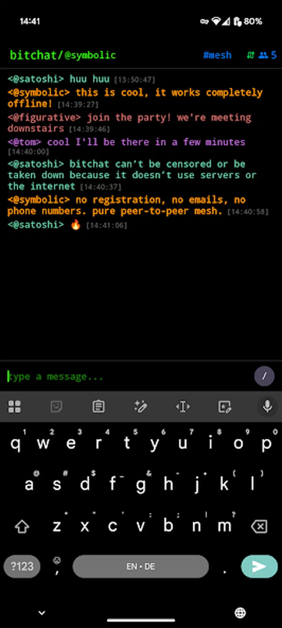 bitchat mesh chat window showing the #mesh channel with 5 connected peers and timestamped messages from nicknames like satoshi and symbolic
