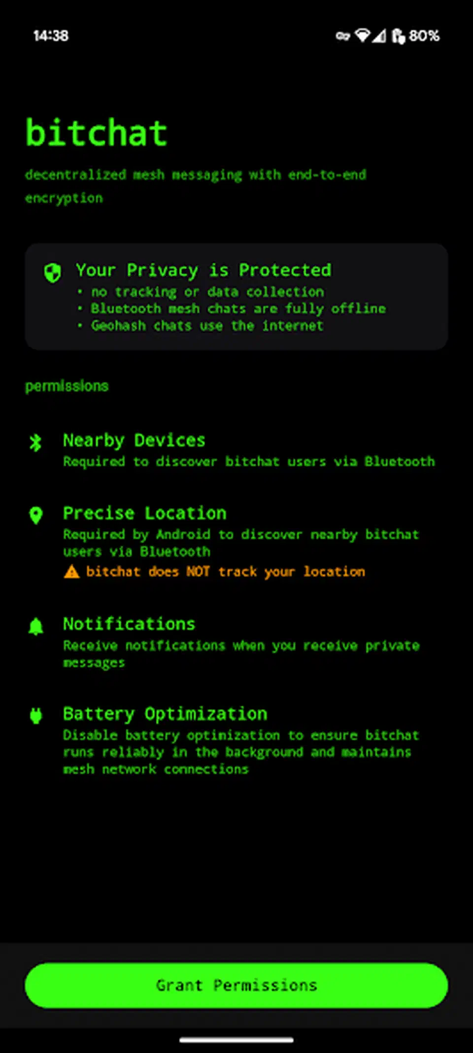 bitchat Android permission screen headed Your Privacy is Protected, listing no tracking or data collection and a warning that bitchat does not track your location