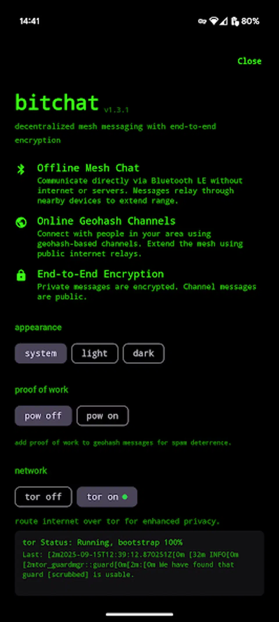 bitchat settings screen listing offline mesh chat over Bluetooth LE, online geohash channels, and end-to-end encryption, with proof-of-work and Tor toggles below