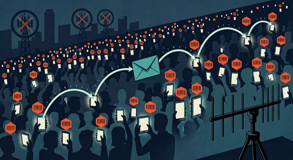 Crowd of glowing smartphones passing a sealed envelope across seven hops at night while an antenna array records each phone's fixed ID tag