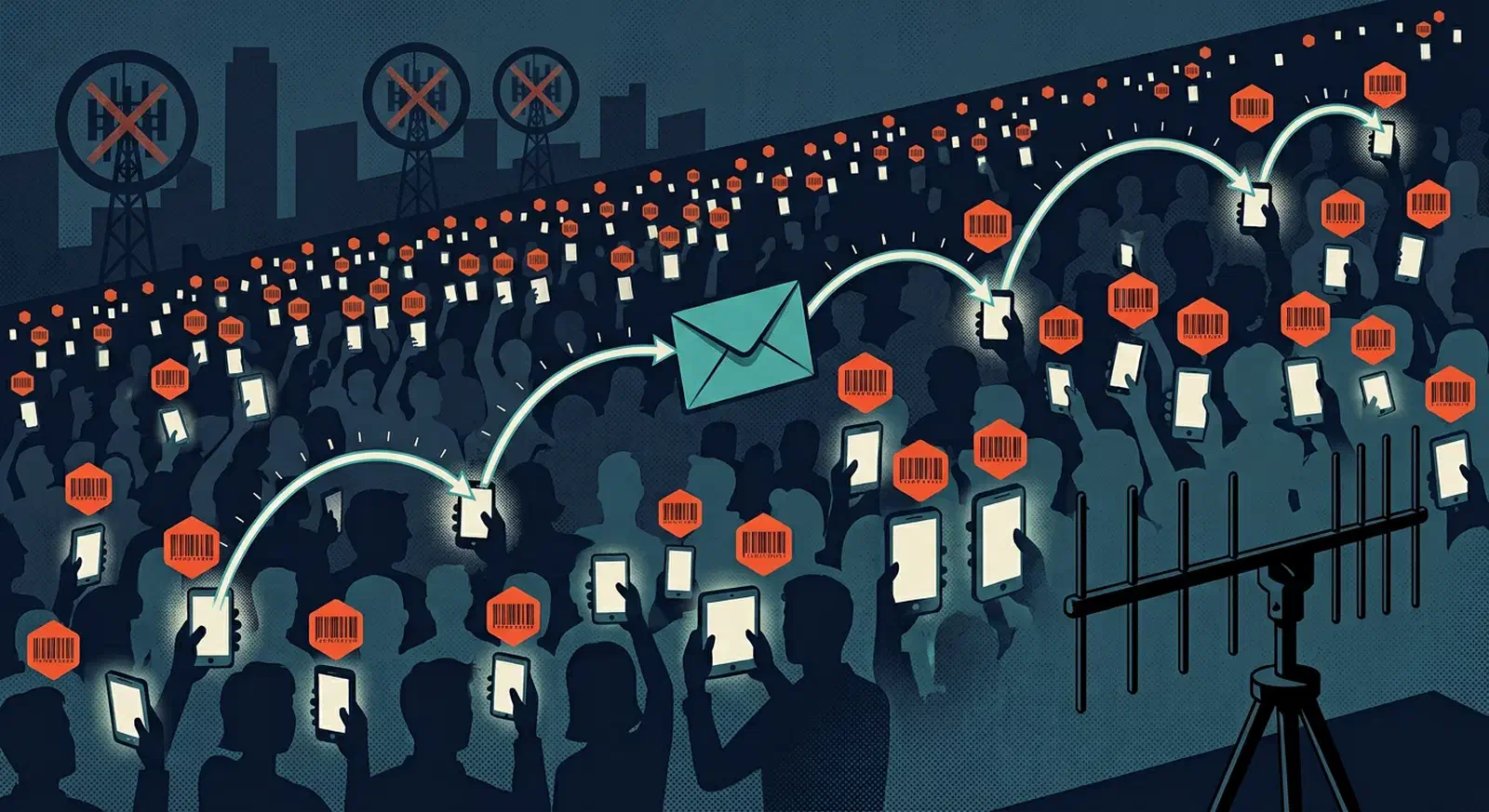 Crowd of glowing smartphones passing a sealed envelope across seven hops at night while an antenna array records each phone's fixed ID tag