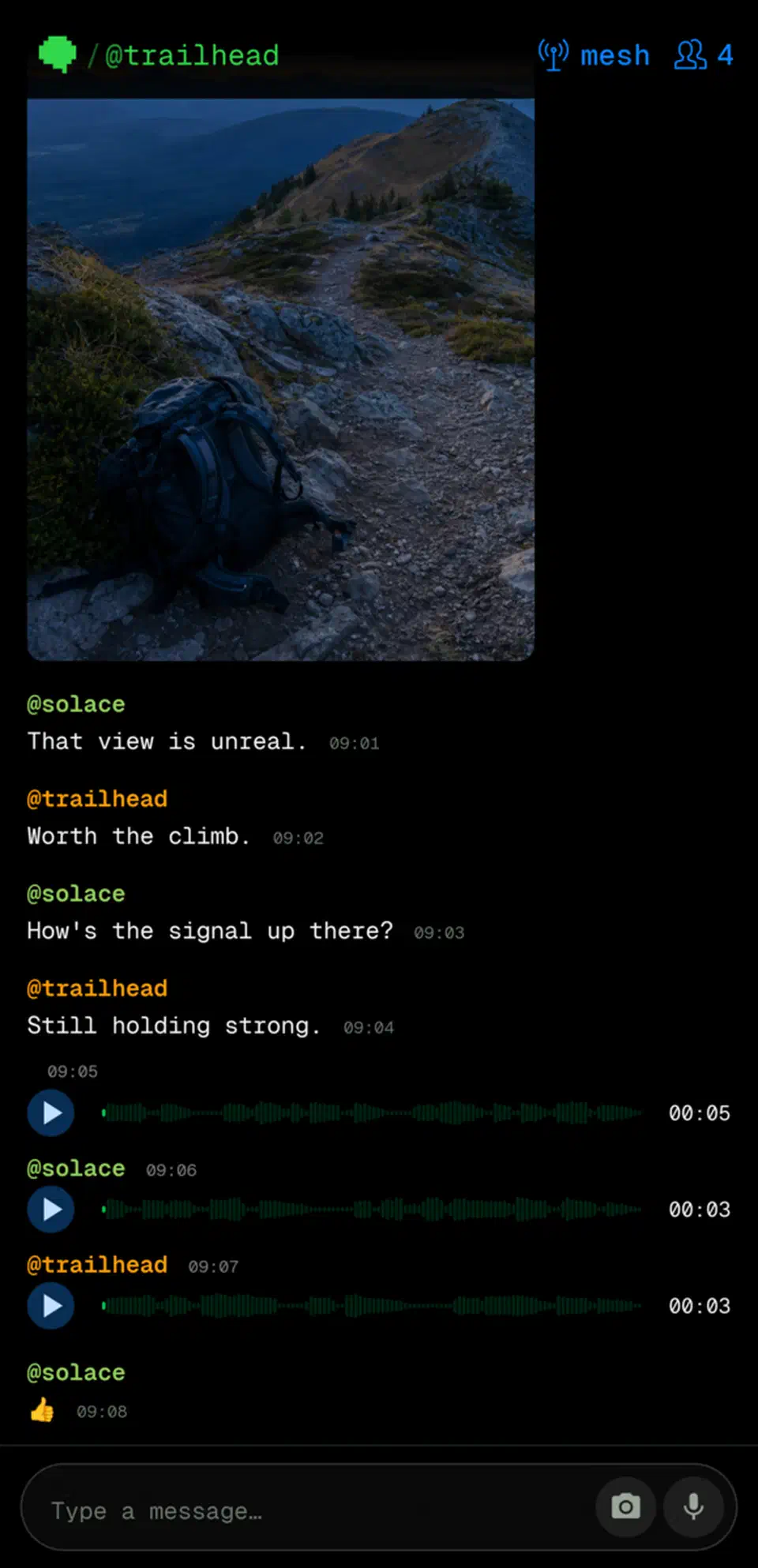 Offline mesh conversation in the bitchat Android app showing four connected peers exchanging text, voice and image messages