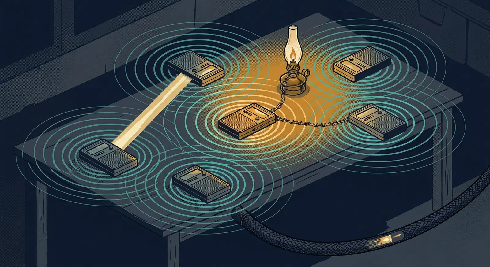 Six phones on a table linked by glowing radio arcs, one chained to a lit oil lamp keeping the network alive