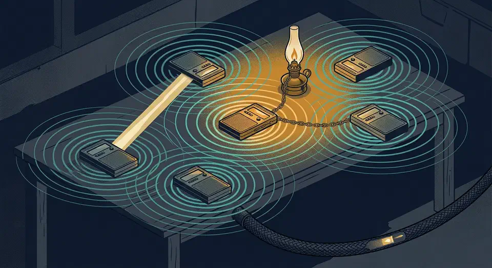 Six phones on a table linked by glowing radio arcs, one chained to a lit oil lamp keeping the network alive