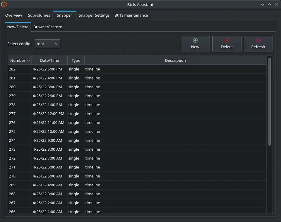 Btrfs Assistant Snapper tab listing snapshots with descriptions, timestamps, and browse and restore buttons