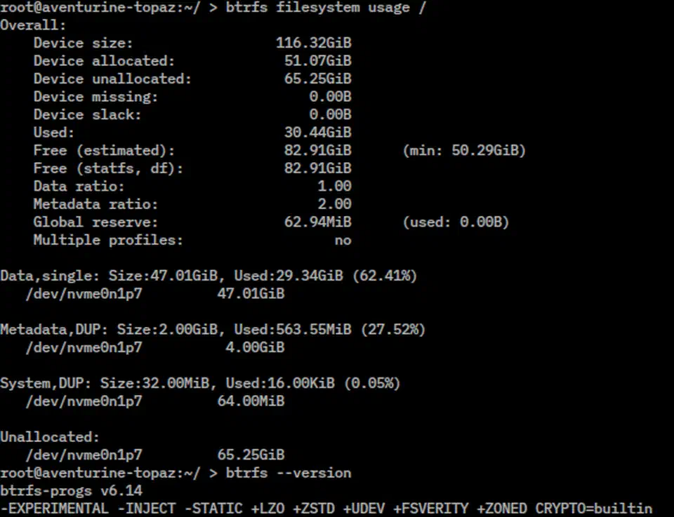 btrfs filesystem usage output showing device allocated, unallocated, and free space on a Btrfs volume