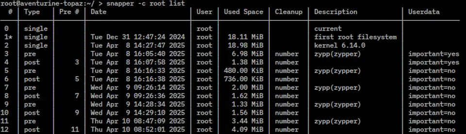 snapper -c root list output showing numbered snapshots with timestamps, types, and descriptions in a terminal