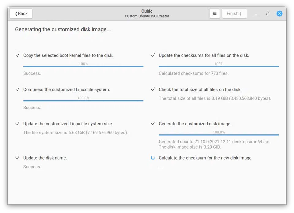 Cubic generate page showing ISO rebuild progress with compression options