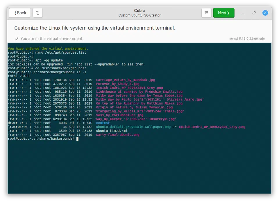 Cubic terminal page showing the interactive chroot environment for customizing an extracted ISO filesystem