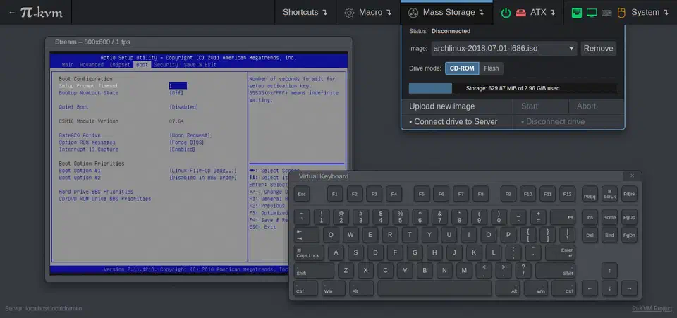 PiKVM web interface showing remote server screen with control panel