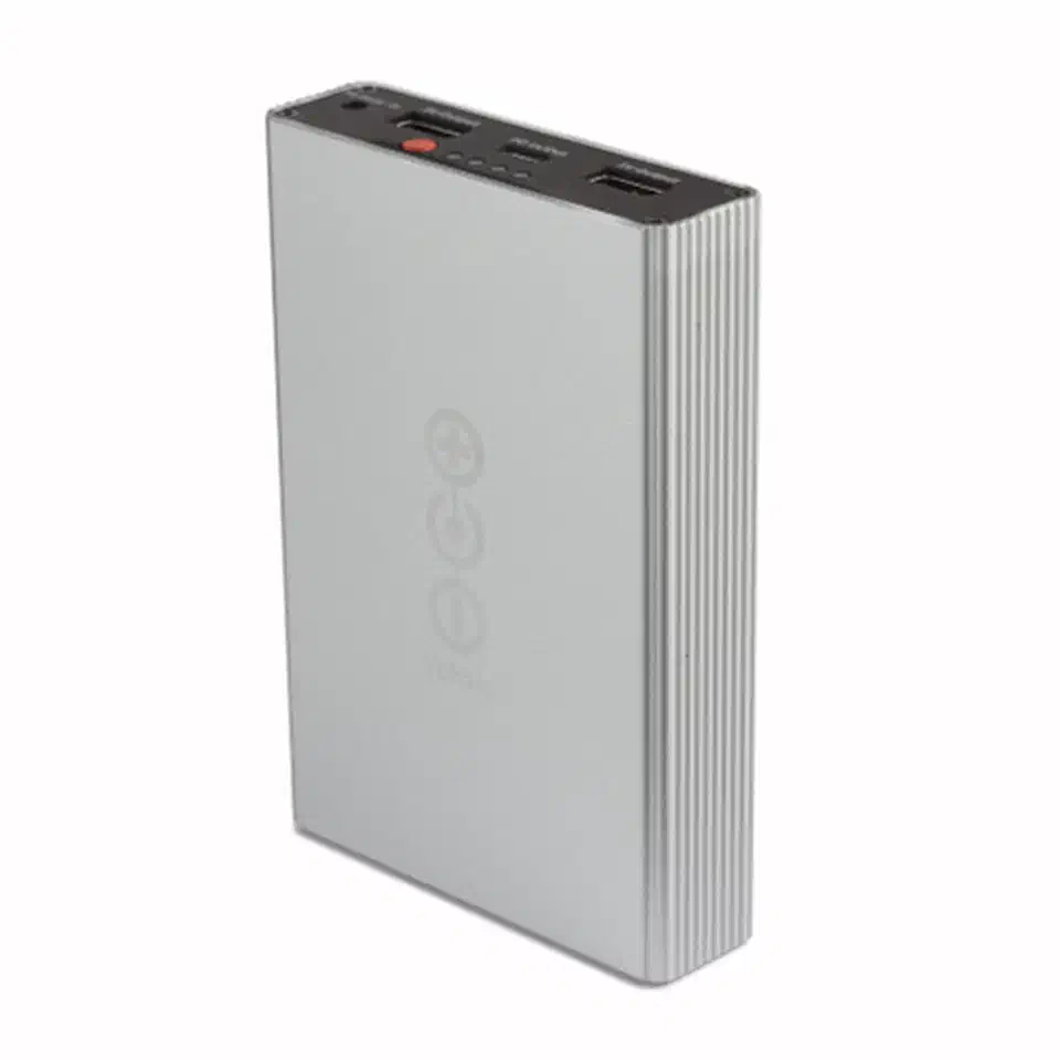 Voltaic V50 USB battery pack showing the compact aluminum housing and charge indicator LEDs